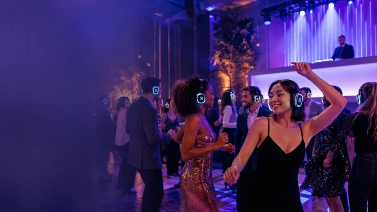 Guests dancing at an indoor silent disco wearing glowing wireless headphones