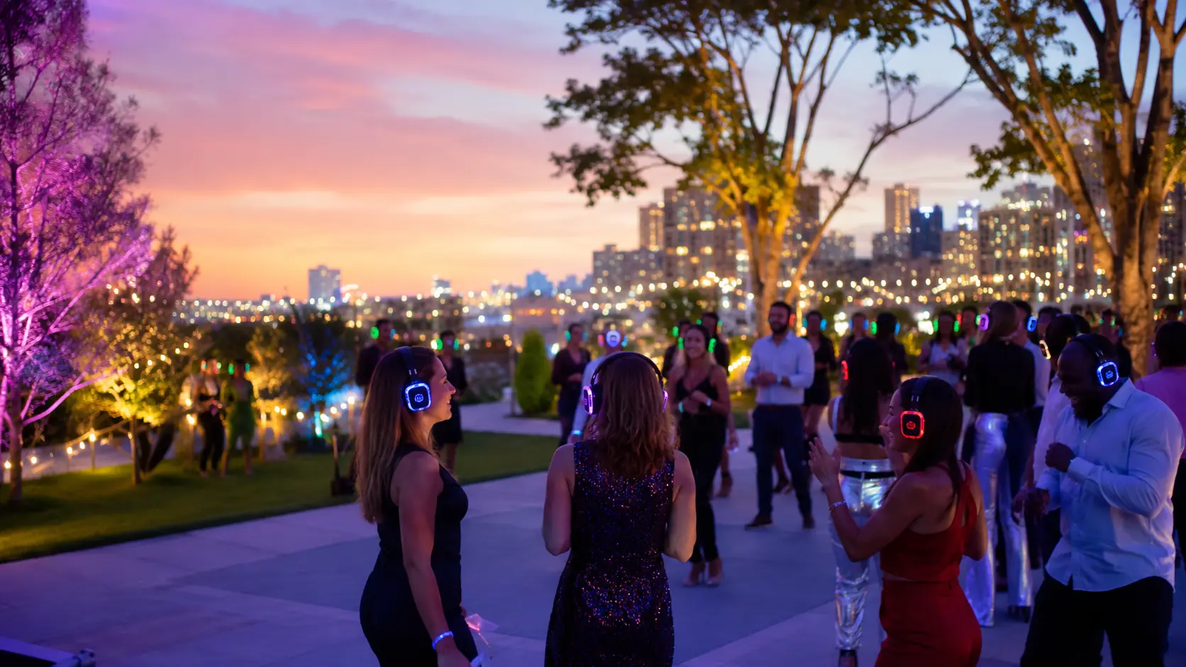 Outdoor rooftop silent disco at sunset with city skyline