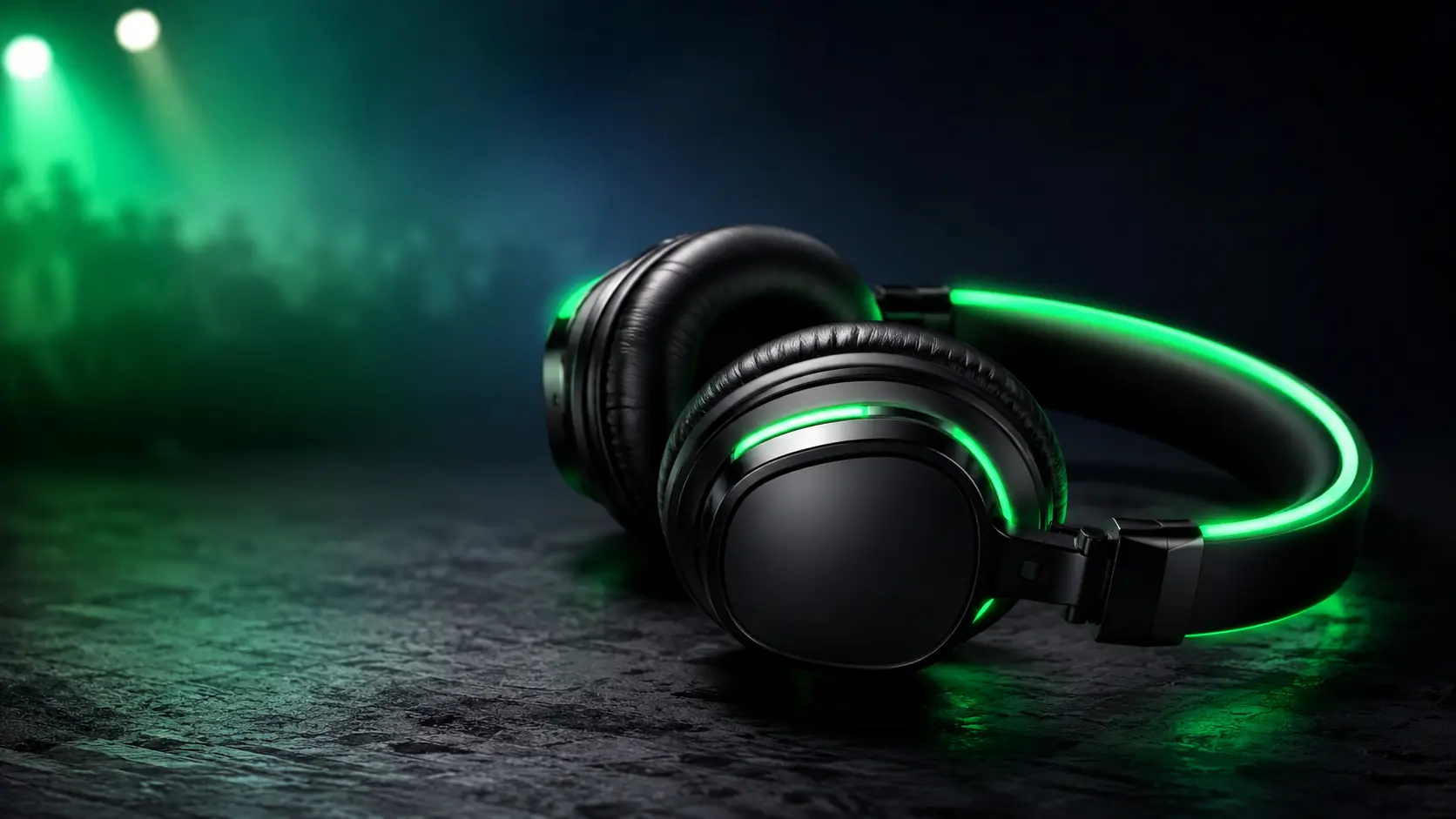 Close up of glowing green wireless silent disco headphones