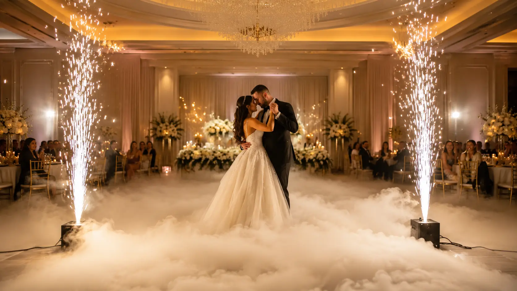 Bride and groom dancing on a low-lying cloud of fog with cold sparks behind them