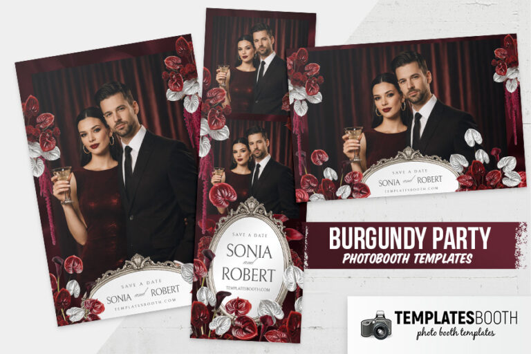 Burgundy Party photo booth template preview showing deep burgundy red with silver accents and floral motifs