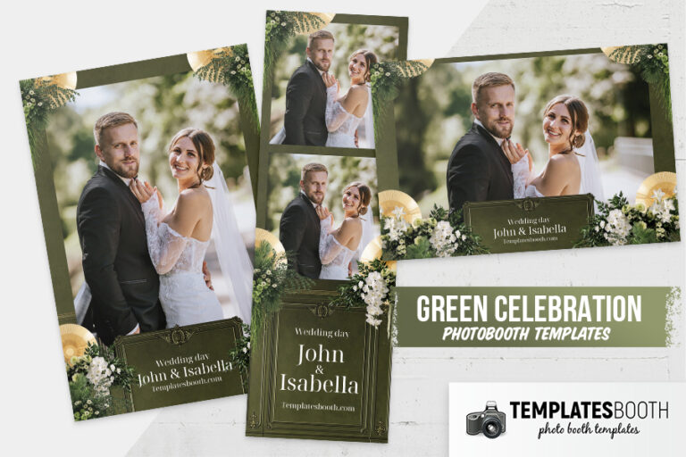 Green Celebration photo booth template with lush greenery and gold accents