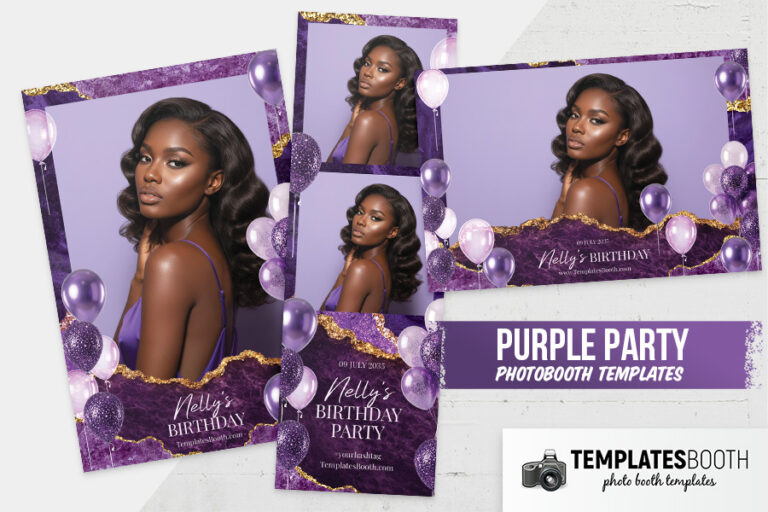 Purple Birthday Party photo booth template with glittered purple and gold design