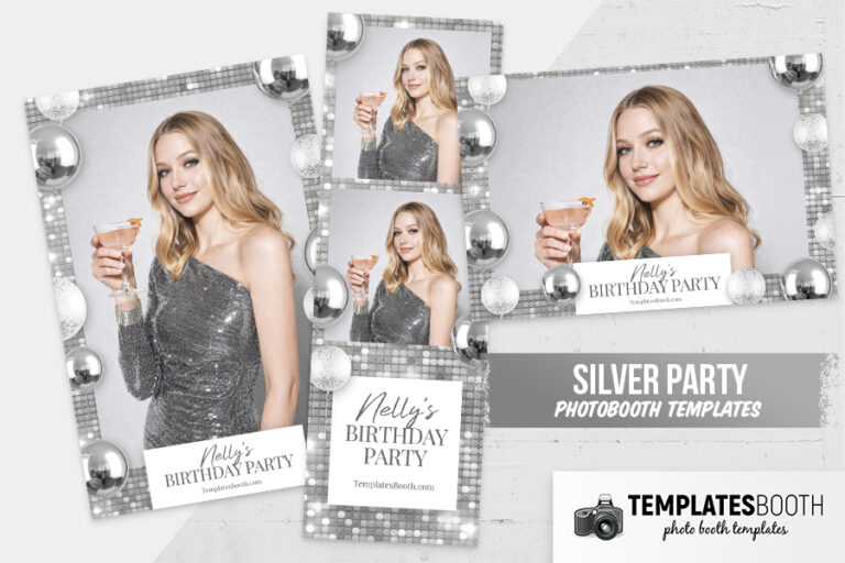 Silver Party photo booth template with shimmering silver and disco ball elements