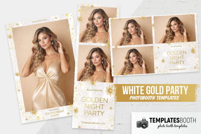 White and Gold Party photo booth template, cream background with gold geometric accents
