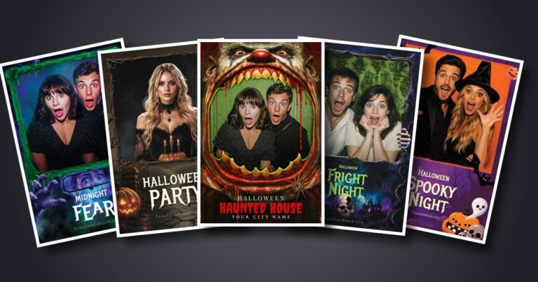 Five Halloween photo booth print designs fanned out on a dark background